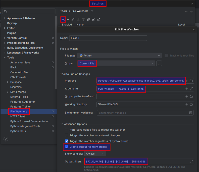 pycharm file watcher flake8